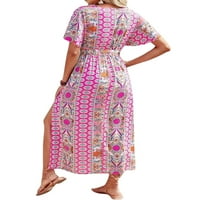 GENUISKIDS Ženska boemska dugačka haljina kratki rukav tiskani V-izrez za vezanje Visoko sljetna haljina za plažu sa remen casual jednodijelna odjeća