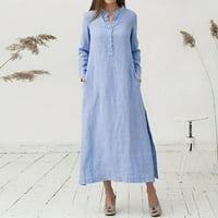 Ženske oblače čvrsti V-izrez A-line maxi modne ljetne haljine s dugim rukavima plava m