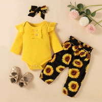 Djevojke za bebe Duge rukave Okrugli ruffle Ribded Romper Sunflowers ispisane hlače Ležerne odjeće postavljene