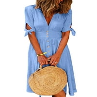 Voguele Womne majica haljina Bowknot sandress gumb haljine za odmor sexy nebo plavi xxl