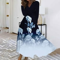 Ženska cvjetna tiskana dugačka haljina punog rukava naleted V izrez Elegantna Flowy Swing Fall Casual