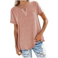 Lirclo ženska modna čvrsta boja V-izrez Dugme za majicu Majica kratkih rukava labava bluza ružičasta L