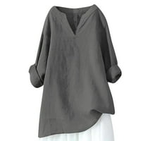 Pamučne majice za žene Trendy Solid Boja Ljeto jesen valjani dugi rukav V izrez pulover Thirt Tops Ladweight