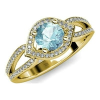 Akvamarin i dijamantski očni halo zaručni prsten 1. CT TW u 14K žutom zlatu.Size 8