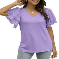 Grianlook Žene labave bluza u boji u boji dvostruki ruffleve rukavi V izrez T majica salon kratkih rukava Tee
