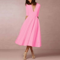 Ljetne haljine za žene V-izrez Srednja dužina Slobodno vrijeme A-Line Solid Duljina za lakvice Ružičasta m
