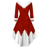 Rovga Ženska haljina Božić Santa Snowman -Plush panel dugih rukava V-ovratnik asimetrična haljina za zabavu Elegantne haljine