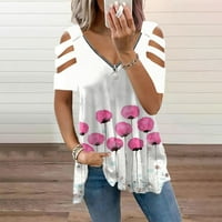 Ženski vrhovi ženski modni casual sa patentnim zatvaračem s V-izrezom tiskani s kratkim majicom s kratkim rukavima