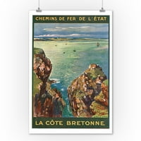 Bretanja, Francuska, pogled na more sa stjenovite obale; Državne željeznice, vintage putni plakat