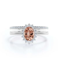 Prekrasan minimalistički 2. karat ovalni morgatit i dijamantni morski zaručni prsten, halo vjenčani