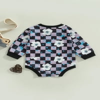 Binweede Baby Girl Casual Romper, Checkerboard Cvjetni ispis posada izrez dugih rukava s dugim rukavima