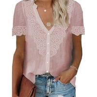Lovskoo Ljetni vrhovi za ženske ležerne majice čipkasti patchwork V-izrez za bluzu s kratkim rukavima Pink
