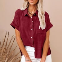 Ernkv Clearence ženske labave udobne košulje čvrste majice kratkih rukava Kašika pulover-gumb Elegantni fit trendi odjeća modno ljetno vino l