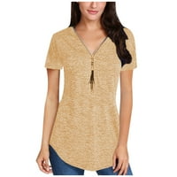 Ženski bluze Ženski modni ljetni V-izrez T-izrez patentni zatvarač s pulover s kratkim rukavima, majica s kratkim rukavima The Top Yellow M