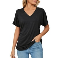 PXIAKGY T majice za žene Žene kratkih rukava T majice Moda V izrez Navelirani labavi vrhovi Čvrsti casual bluze crni + xl