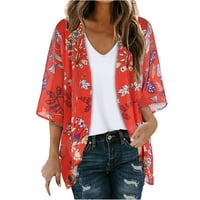 Daqian Cardigani za žene plus veličine Ženski cvjetni print Puff rukav kimono kardigan labav šifon pokrov povremene bluze vrhovi za žene crvene 10