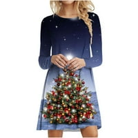 Lady Shiny Christmal Tree Grafičke duge majice za gamaše Comfy Ležerne prilike Ležerna majica Crewneck Pulover Dugi rukavi Božićna odjeća Mini duks haljina za žene mornarice