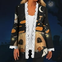Yubatuo Ženska modna ležerna Halloween Print čipka od čipke dugih rukava Kaputi za jaknu za žene Khaki