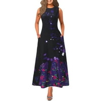 Qazqa Ženska modna casual Line haljina Maxi dugi haljina džep bez rukava Ljetni okrugli vrat Rad Elegantna