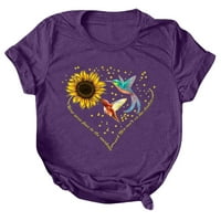 Košulje s popustom za žene Classic-Fit Ležerne košulje od kratkih rukava Sunflower i ptice Grafički print TEE majica Crewneck Cosy Bluza Žene Ljetne modne vrhove ljubičaste