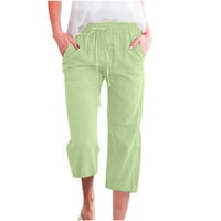 Žene labave posteljine Capri hlače Ležerne ljetne elastične visoke struk ravne hlače sa džepovima, zeleno, xxxl