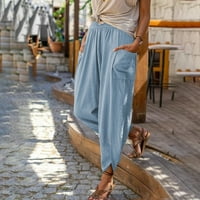 Ženske hlače visokog struka Čvrsta boja elastični pojas Vintage stilski pamučni i posteljini dvostruki