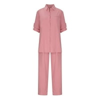 Vremenska ženska ljetna odijelo retro modne čvrste boje pantalone s dugim rukavima Ležerno dvodijelno odijelo, ružičasta, s