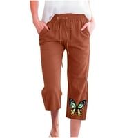 Ženske posteljine hlače, visoko strugove ravne vučne pantalone, opušteno fit capri pant, modne ležerne ispis elastične labave hlače široke pantalone za noge sa džepom kafe g 3xl SAD: 14