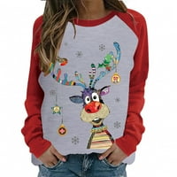 Božićne uštede ZQGJB za odmor za žene Slatka Xmas Elk Graphic Crewneck Dukseri Lagani pulover TOP CALESTE CASE RAGLAN SLEEVE TUNICS COSY BLOUSE # 05-Grey XL