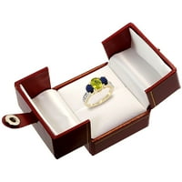 14K žuti zlatni dijamant prirodni limunski kvarcni prsten ovalni 3-kamen sa HQ plavom safirom, veličine 5.5