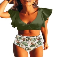 Glonme Women kupaći kostimi Dvije plaže od pune boje Havajski kupaći kostim ruffle hem dame cvjetni print Flutter rukav visoki struk obrezan zeleni xxl