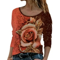 Vrhovi za žene casual proljeće modni dugi rukav okrugli vrat Rose cvijet za print useri narandžasti xl