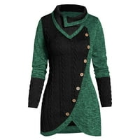 Boja blok kabela za pletene džempere za ženske ležerne vrhove Jesen zimski džepni gumb Dekor nepravilni rub džemper sa okovratnik visoki vrat dugih rukava pulover zeleni xxl