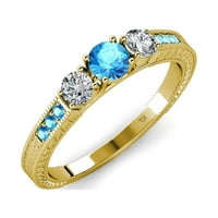 Plavi topaz i dijamantni kameni prsten sa bočnim plavim topazom 0. CT TW 14K žuto zlato .Size 7.5