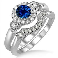 1. Carat Round Cut Blue Sapphire i Diamond Moissine Antique Tri kamena cvijeta Halo mladenka set u 10k