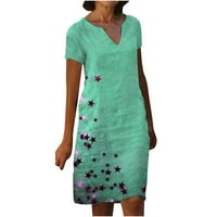 Pamučne platnene haljine za žene Ljeto cvjetni print kratki rukav V izrez Duljina koljena Duljina haljina