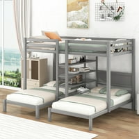 Drveni trostruki krevet na kat sa policama za odlaganje, blizanci preko dva kreveta sa dva kreveta sa