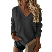 Kpoplk Womens V džemper s vratom Pleteni asimetrični rub pulover Puno boje tamno siva, XL