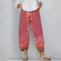 Ženske pamučne posteljine pantalone casual vintage cvjetne hlače široke pantalone za noge labavi kapris opušteni-fit harem obrezan elastični struk crveni l