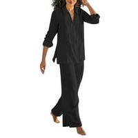 Ženska posteljina dvodijelna odijelo za posteljinu pantalone i majice s dugim rukavima prevelika casual pauza odijelo V-izrez bluza labavo plant