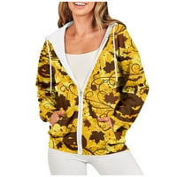 Mlqidk Halloween dukseve za tinejdžerske djevojke Ghost Print Zip Up Duksevi Fleece puni zverski zvecci pulover Duks zimske odjeće sa džepom Žuta s