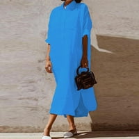 Hanas haljine Modni ženski pamučni posteljina džepa dugih rukava punog boja Dugme dress svjetlo plavi