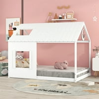Krevet za punu veličinu sa krovom i prozorom, Montessori Wood Fund Frame kabina Zabavni playhouse krevet