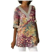 Amousa ženska modna labava ležerna štampana čipkasta patchwork V-izrez T-izrez Top