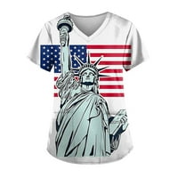 Ženski piling vrhovi V vrat kratkih rukava Američka zastava Print Patriotska bluza Piling medicinska