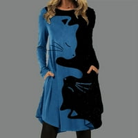 Clears and Redukcija Domaća haljina Moda Ženska okrugla vrat Cat Print Haljina nepravilna rub Ležerna haljina plava 3xl