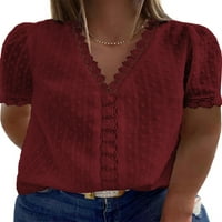 Aleumdr Ženske plus veličine T-majice čipke Crochet v izrez kratki rukav Pom Pom Chiffon Bluzes Ljetne