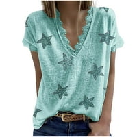 Ženske zvijezde Print majice Geometrijska grafička bluza čipka V izrez kratkih rukava Prodaja za prodaju mekane majice Trendy Tee košulje COZY THESTS Green XXXXXL