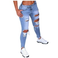 Huaai Ženske rupe u boji slabo struk Jeans Flares Ankle modne hlače pantalone casual pantalone za žene plavi xxxl