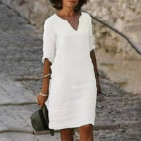 Haljine za žene Ljetna casual haljina Čvrsta V-izrez za lakvice za zaštitu koljena Džepne haljine bijele